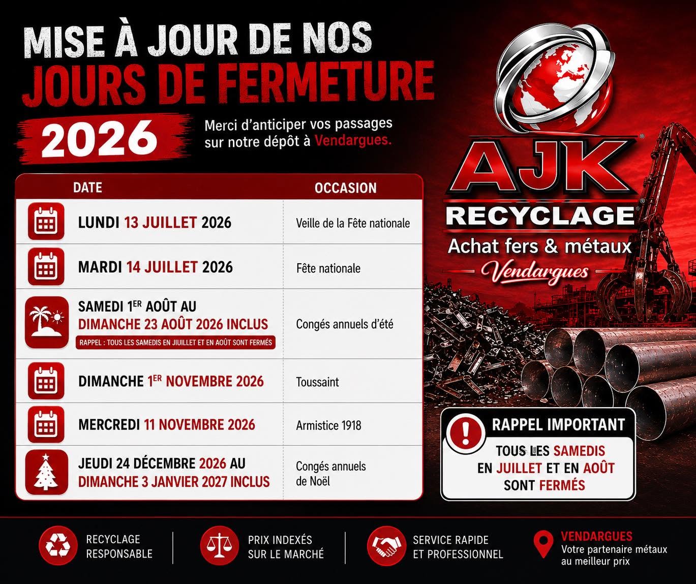 JOURS DE FERMETURE  2026 AJK RECYCLAGE